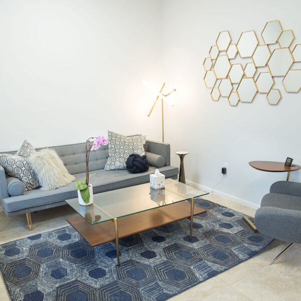 Therapeutic office interior featuring a modern gray sofa with decorative pillows, a glass coffee table, a stylish floor lamp, and a patterned rug, reflecting a calming environment for psychotherapy sessions at Dr. Stephen Oreski & Associates.