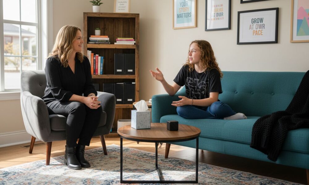 A teenager interacting with her therpiast during a teen therapy session. The office is warm and inviting.