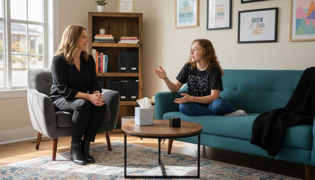 A teenager interacting with her therpiast during a teen therapy session. The office is warm and inviting.