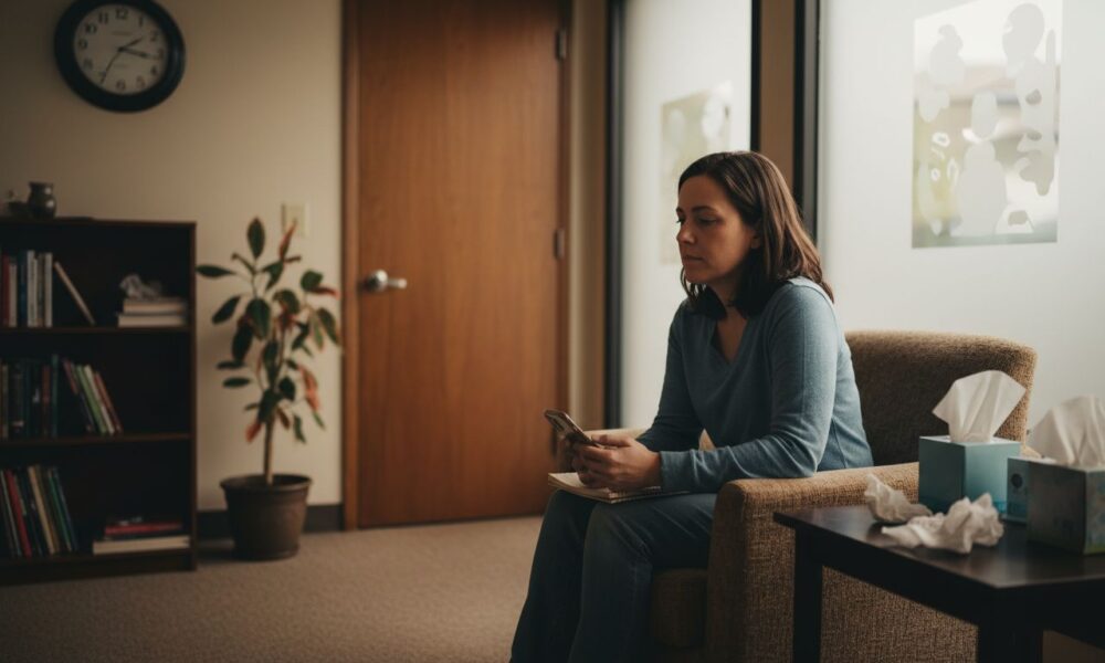 Woman sitting in a therapy office, holding a phone and notebook, with tissues on a table, reflecting on grief counseling and emotional support.
