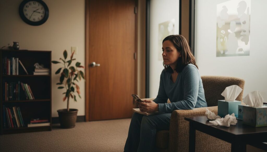 Woman sitting in a therapy office, holding a phone, with tissues and a plant nearby, reflecting a contemplative mood related to grief counseling.
