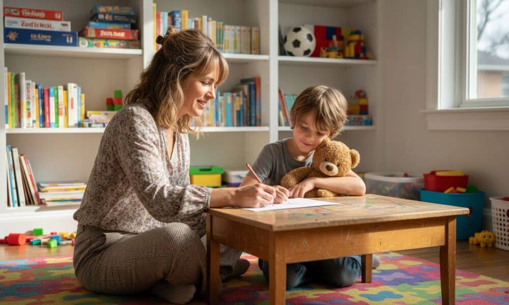 Woman and child engaged in child counseling session, drawing at a table in a colorful playroom filled with books and toys, promoting emotional development and communication skills.