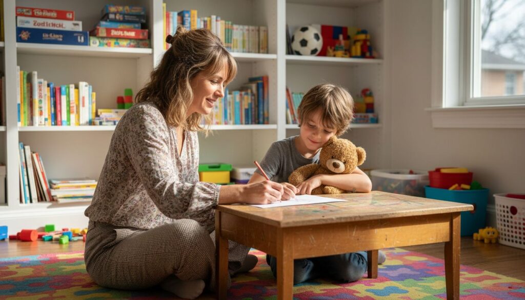 Therapist and child in colorful counseling room