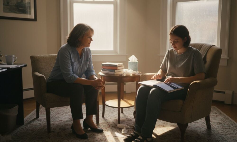 Therapist and young client engaged in counseling session, discussing mental health issues in a cozy, well-lit office setting, with books and tissues on table, reflecting themes of anxiety therapy and emotional support.