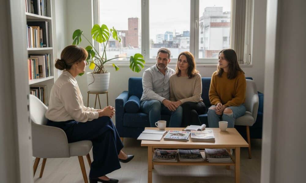 Terapia de pareja en sesión, terapeuta escuchando a una pareja y una adolescente, ambiente acogedor y profesional, enfatizando la importancia de la terapia en la salud emocional.