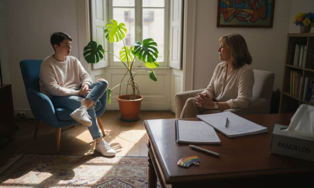 Joven y terapeuta en sesión de terapia en ambiente acogedor, con planta y materiales de consulta visibles, reflejando apoyo emocional y comprensión para la comunidad LGBTQ+.
