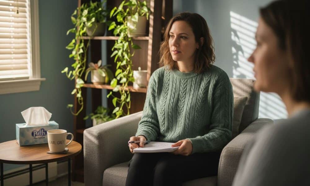 Therapy session in sunlit counseling room