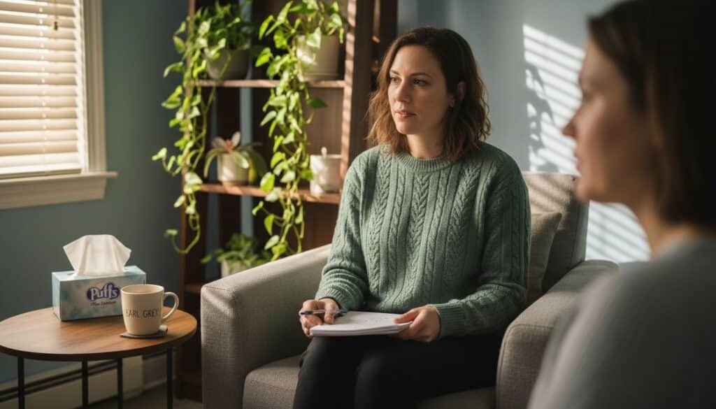 Therapy session in sunlit counseling room