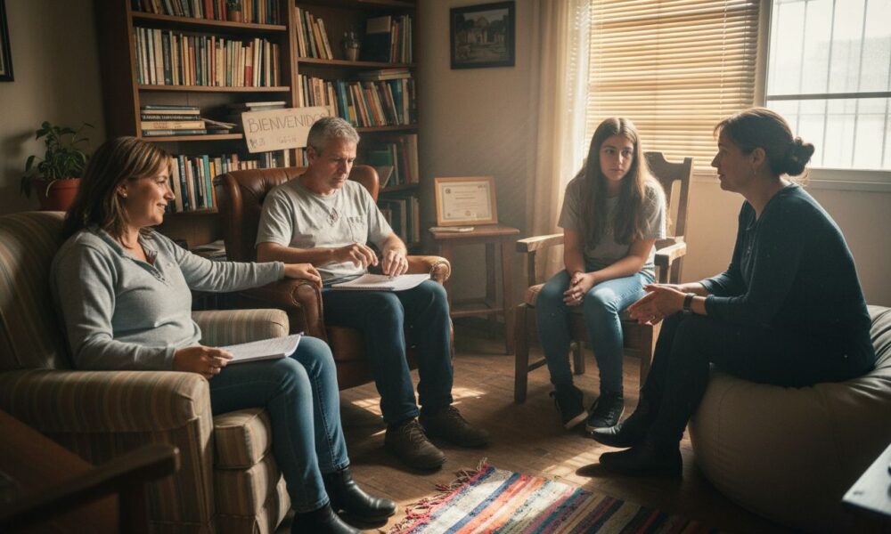 Cuatro personas en sesi&oacute;n de terapia familiar, discutiendo y compartiendo, en un ambiente acogedor con estanter&iacute;as de libros y luz natural, reflejando el enfoque en la comunicaci&oacute;n y resoluci&oacute;n de conflictos.