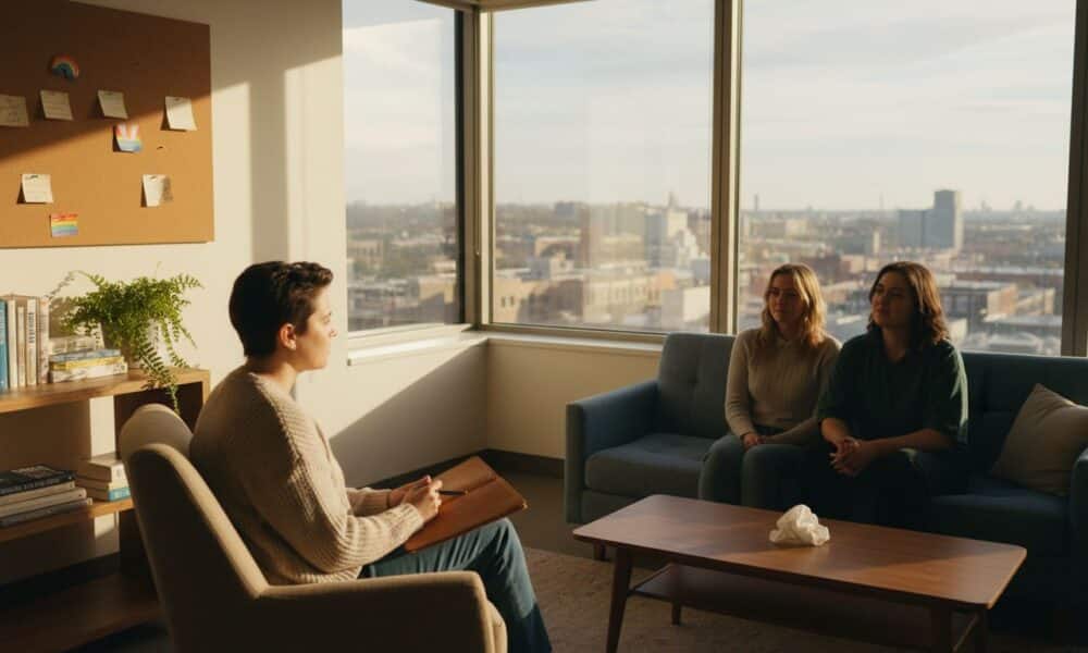 Therapist engaging with clients in a bright, welcoming counseling office, emphasizing LGBTQIA+ supportive therapy and mental health discussions.