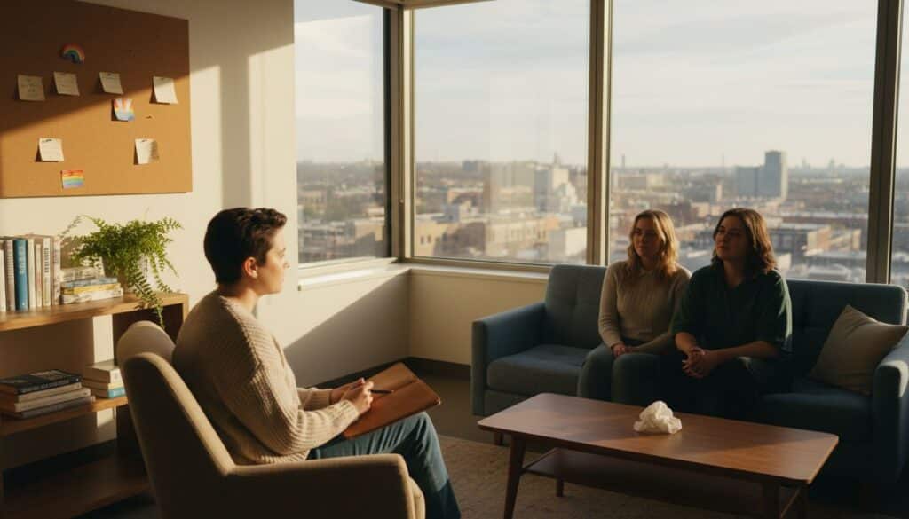 Couples therapy session in a modern office setting, therapist seated with notebook, two clients on a couch, city view through large windows, emphasizing support and connection in mental health.