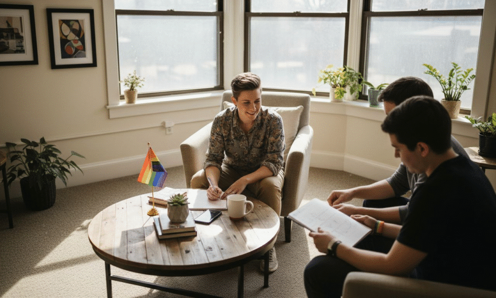LGBTQIA+ therapy session in a cozy office setting, featuring a smiling therapist with a rainbow flag, engaged with two clients discussing mental health support.