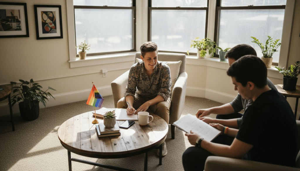 Therapist engaging with two clients in a cozy counseling room, featuring a rainbow flag, plants, and a coffee table with notes and a smartphone.
