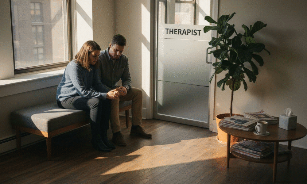 Couple sitting in a therapist's office, engaged in a serious conversation, with a sign reading "THERAPIST" visible in the background, reflecting the themes of couples therapy and relationship support.