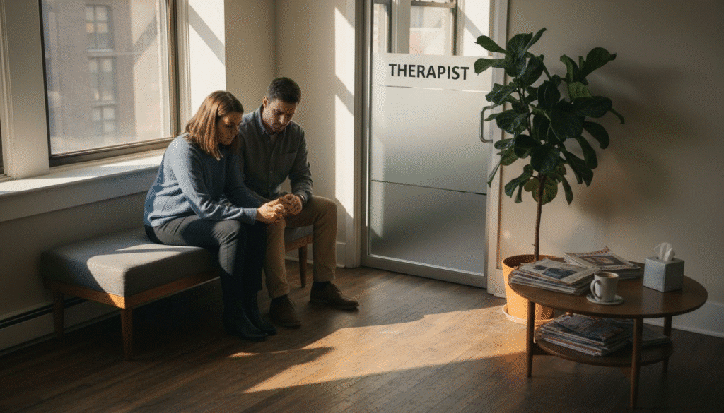 Couple sitting on a therapy couch in a bright counseling room, discussing emotions, with a door labeled "THERAPIST" and a potted plant nearby, reflecting individual and couples therapy services.