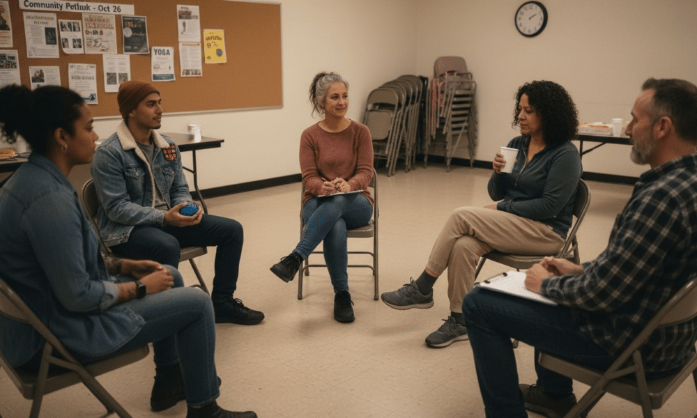 Diverse adults share in group therapy circle