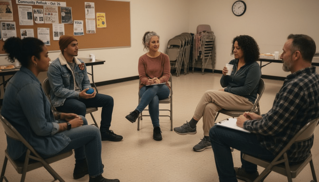 Diverse adults share in group therapy circle