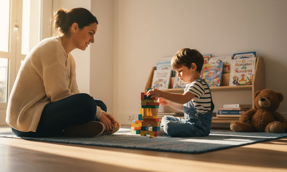 Mujer y ni&ntilde;o jugando con bloques de construcci&oacute;n en un ambiente acogedor, resaltando la importancia de la terapia infantil y el desarrollo emocional.