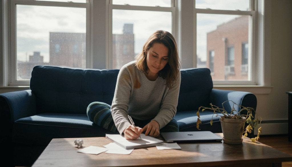 Woman writing in a notebook on a coffee table, with a laptop and a potted plant, in a cozy living room setting, reflecting themes of personal growth and therapy related to narcissism and mental health.