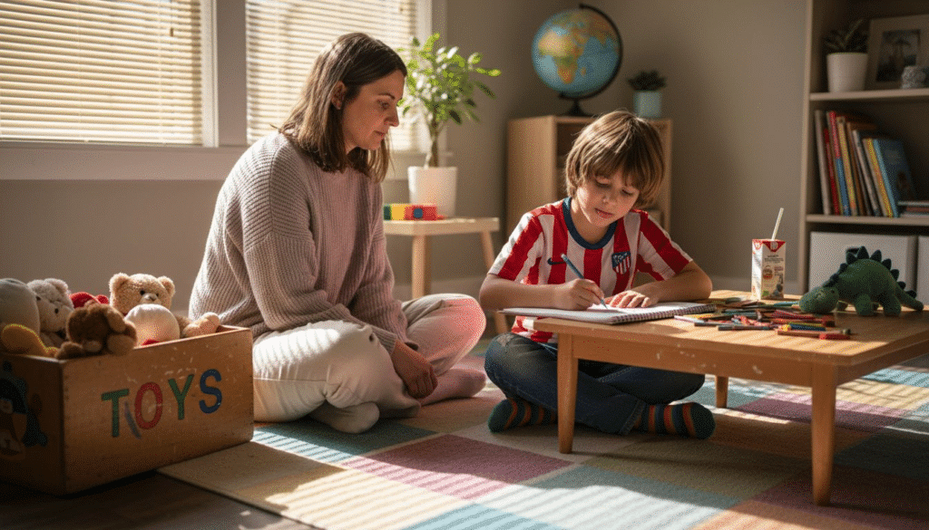 Child therapist and boy in office session
