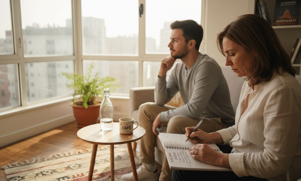 Hombre y terapeuta en sesi&oacute;n de terapia, tomando notas y reflexionando sobre temas emocionales, con ambiente acogedor y luz natural, representando apoyo psicol&oacute;gico y mejora del bienestar emocional en Bergen County.