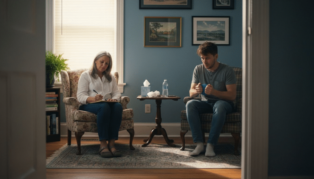 Therapist and client in a cozy therapy room, engaging in co-therapy session, with therapist taking notes and client showing emotional expression, surrounded by supportive environment and therapeutic materials.