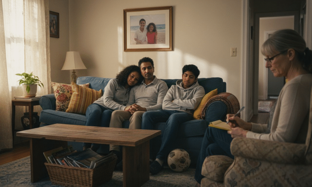 Family therapy session with parents and two children sitting on a couch, therapist taking notes, emphasizing communication and support in resolving family conflicts.