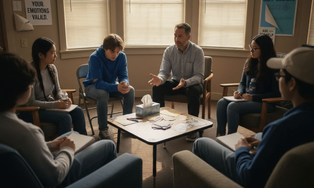 Group therapy session for teens, young participants engaged in discussion with a therapist, supportive environment, focus on emotional and social challenges, mental health support.