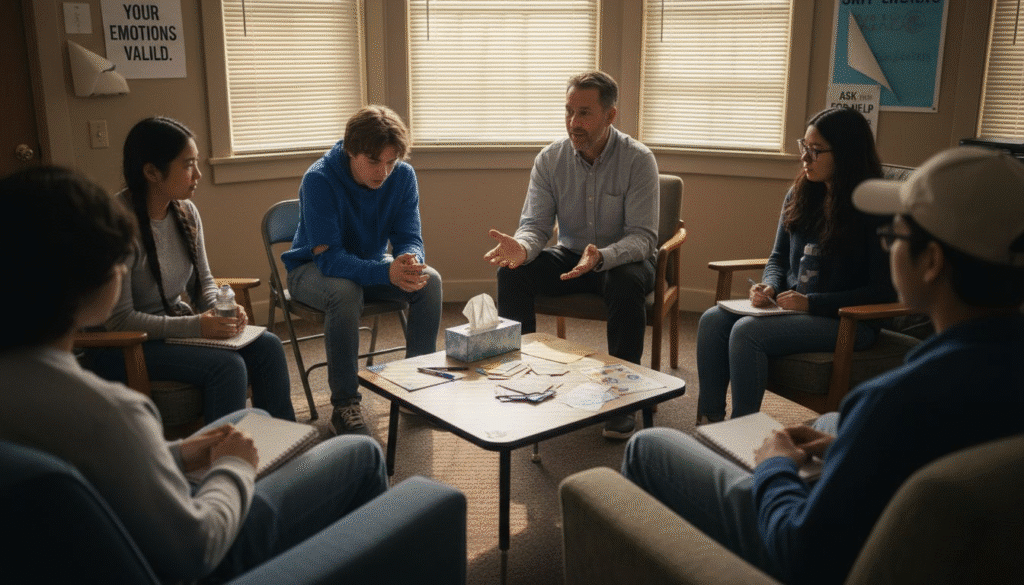 Group therapy session for teens, therapist engaging with adolescents, discussing emotional well-being, supportive environment, mental health resources.