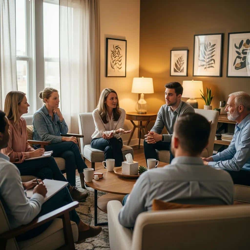 A mixed group in a therapy session sharing experiences — illustrating community support and connection