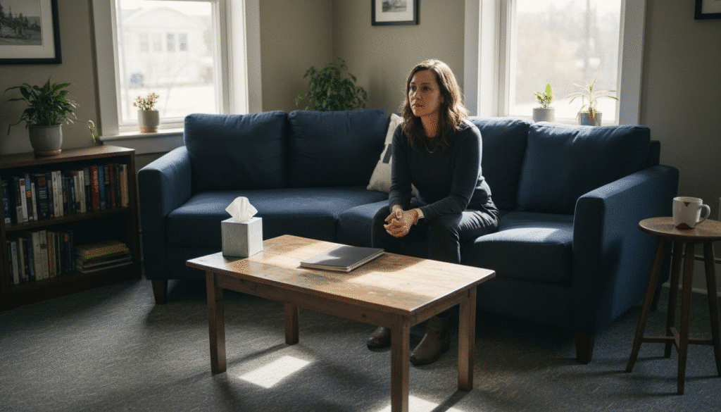 Woman sitting thoughtfully on a blue couch in a therapy room, with a wooden table, tissue box, and laptop, reflecting emotional healing related to narcissism therapy.