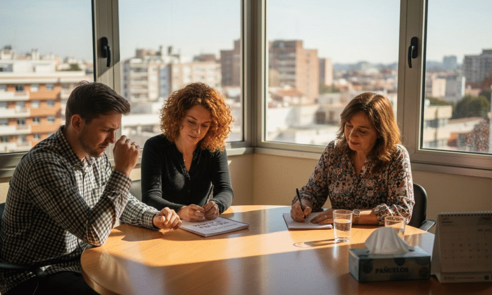 Hombre y mujer en sesi&oacute;n de terapia, tomando notas sobre comunicaci&oacute;n y relaciones, con vista urbana de fondo.