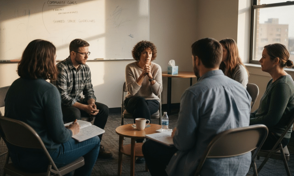 Group therapy session for anxiety, participants engaged in discussion, supportive environment, mental health focus.