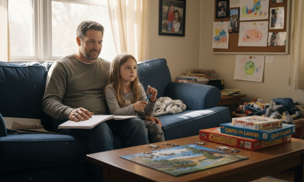 Father and daughter engaged in a collaborative activity on a couch, surrounded by family games like Candy Land and Chutes and Ladders, emphasizing parent-child bonding and communication.