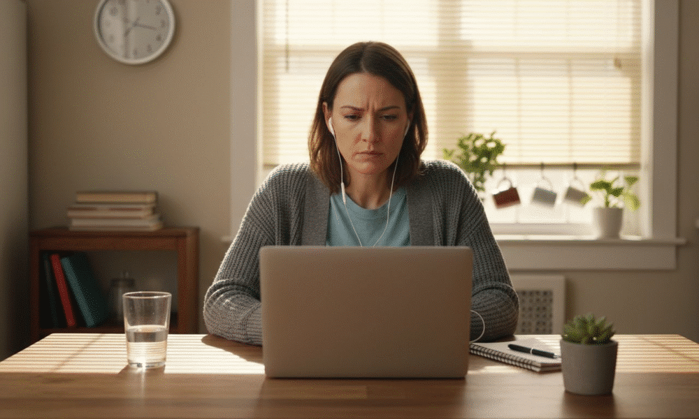 Woman engaged in virtual therapy session on laptop, focused expression, home setting with plants and a glass of water, reflecting modern mental health support.
