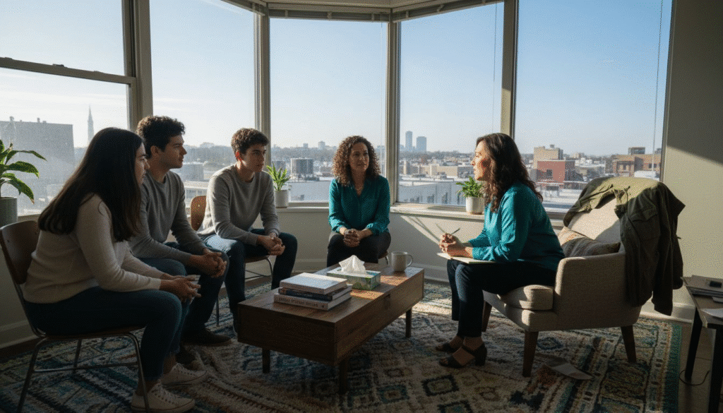 Group therapy session with a therapist and four adolescents in a bright, modern office setting, discussing mental health and emotional support.