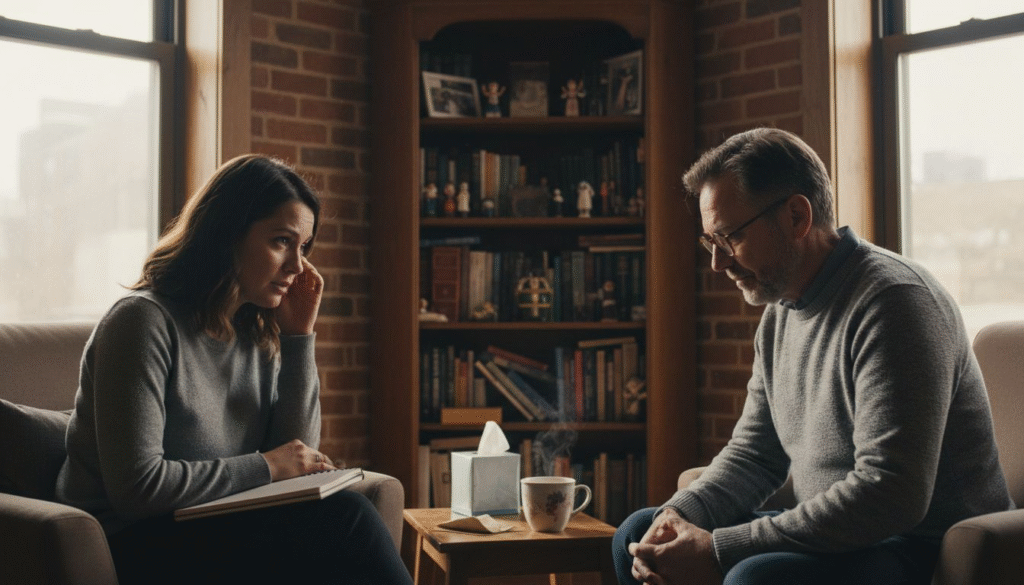 Therapist and client engaged in a psychotherapy session, discussing mental health issues in a cozy office setting with bookshelves and a steaming cup of tea.