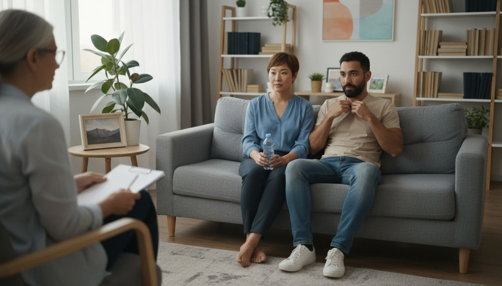 Couple sitting on a sofa in a therapy session with a therapist taking notes, emphasizing psychotherapy and mental health support.