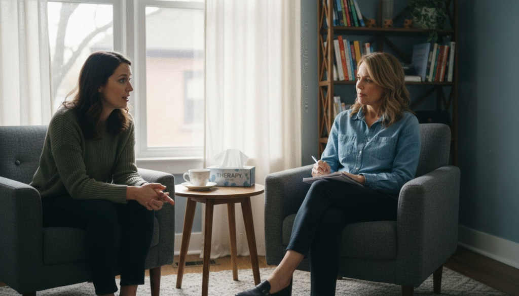 Woman discussing mental health with therapist in cozy therapy room, featuring tissues labeled "THERAPY" and a cup of tea, emphasizing personal counseling and psychotherapy services.