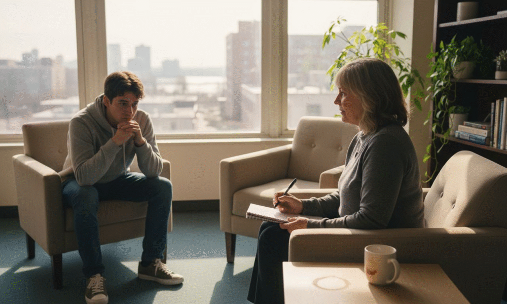 Teen counseling session with a young man in a gray hoodie and a therapist taking notes, emphasizing cognitive behavioral therapy for anxiety and depression.
