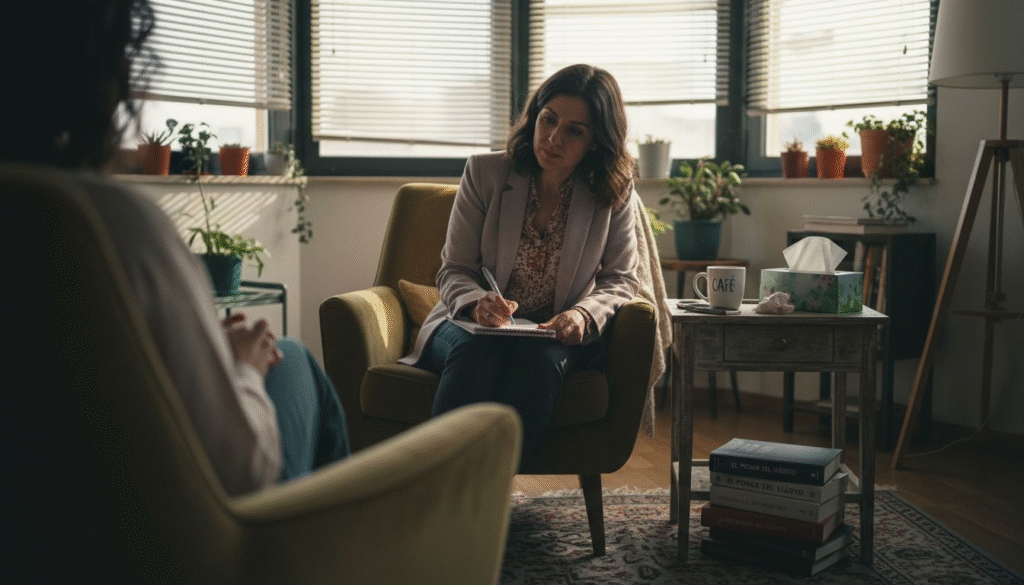 Therapist engaging with client in cozy office setting, emphasizing in-person psychotherapy services offered by Dr. Stephen Oreski & Associates.