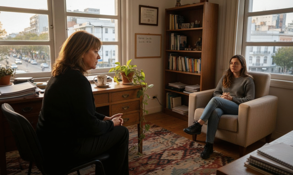 Mujer terapeuta escuchando a una paciente en un ambiente de counseling, con plantas y libros visibles, reflejando el enfoque en la terapia de crisis y el apoyo emocional en Nueva Jersey.