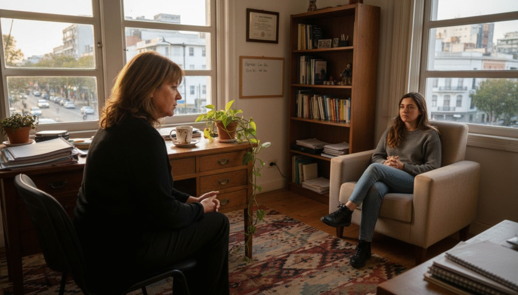 Therapist and client engaged in a psychotherapy session in a cozy office setting, emphasizing mental health discussions and counseling services.
