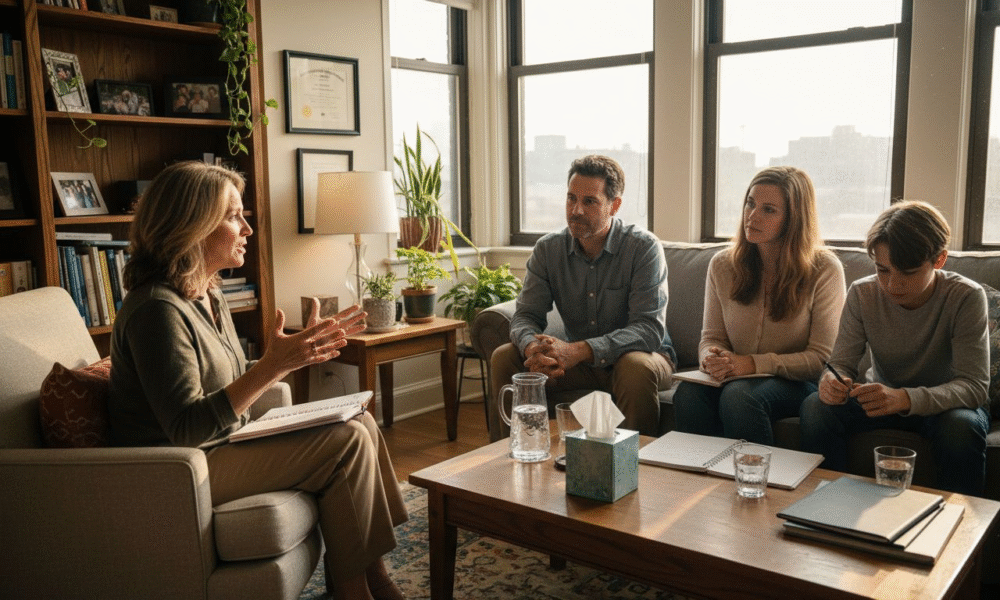 Family therapy session with a therapist guiding a couple and their child, discussing emotional well-being and communication in a supportive environment.