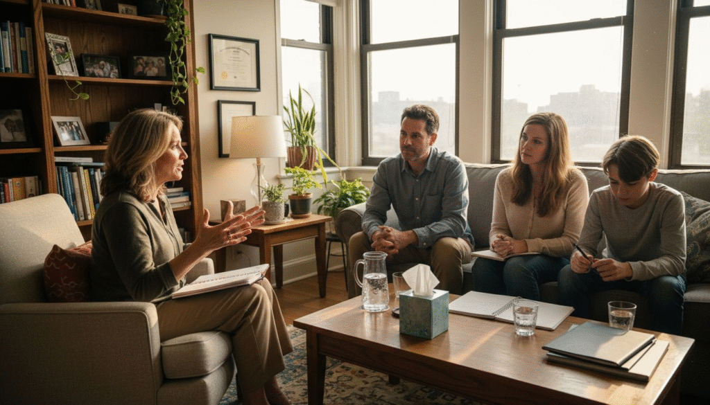 Family therapy session with therapist discussing mental health, clients engaged in conversation, cozy office setting, plants and books in background.