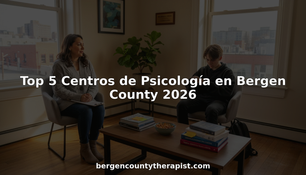 Therapist and teen in a counseling session, discussing mental health in a comfortable office setting, with books and snacks on the table, related to top psychology centers in Bergen County 2026.