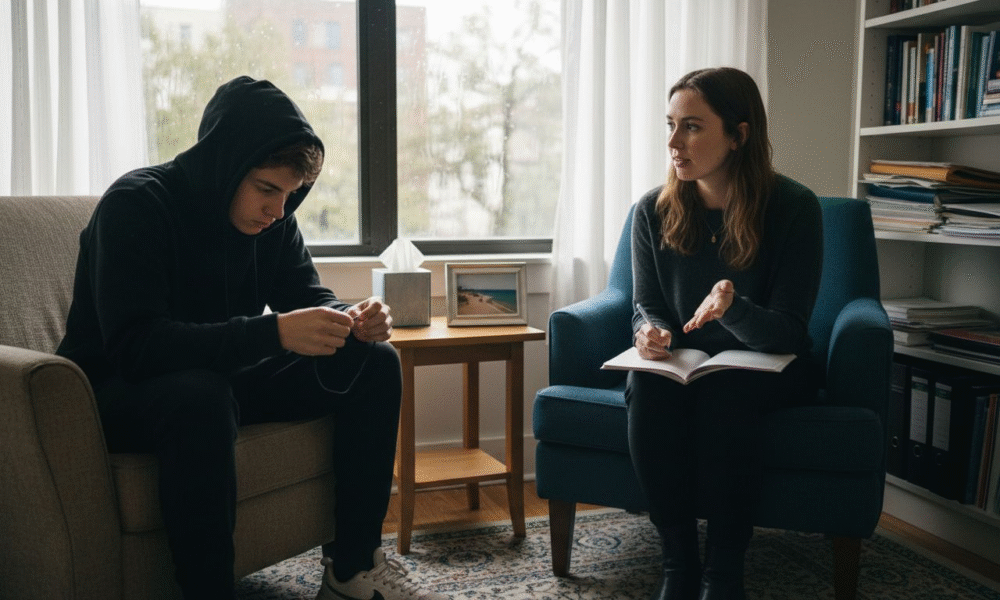 Teen in therapy session with counselor, discussing grief and emotional challenges, cozy office setting with natural light, focus on supportive dialogue and therapeutic environment.