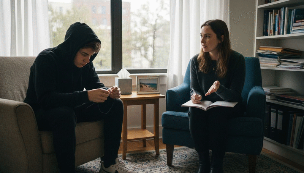 Teen in therapy session with female therapist, discussing mental health and trauma recovery in a cozy, well-lit room.