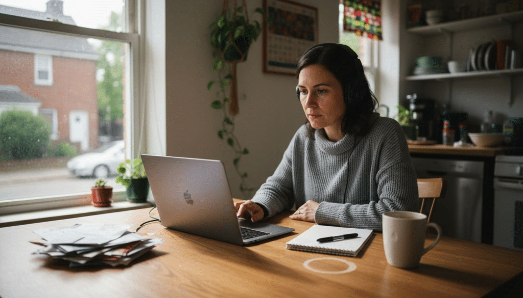 Woman using laptop for teletherapy at kitchen table