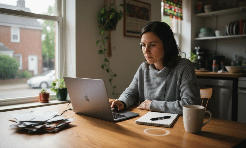 Woman using laptop for teletherapy at kitchen table